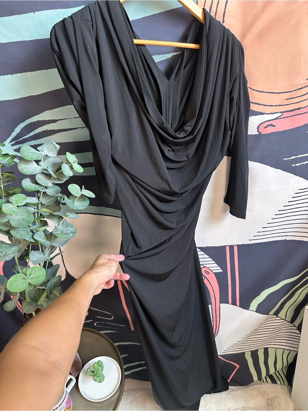 Women's Black Draped Maxi Dress with Cowl Neck